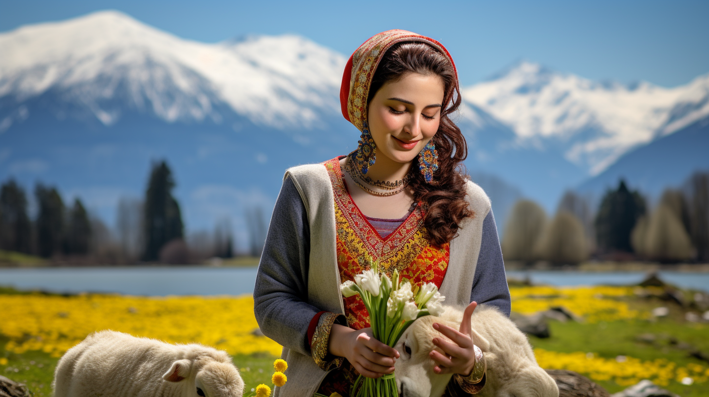 Beautiful Kashmiri girl with tulips in Kashmir landscape