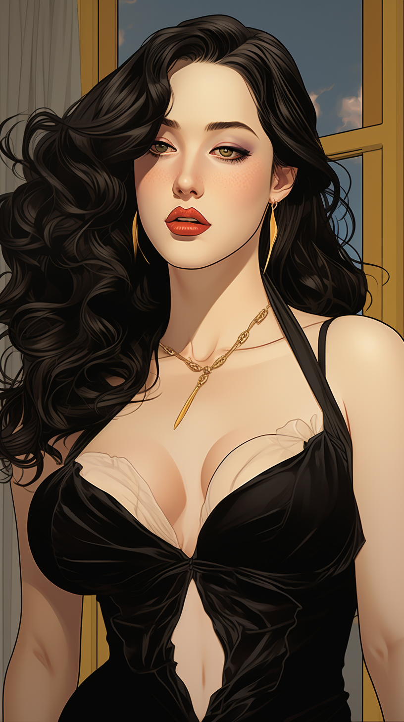 Kat Dennings in elegant ball gown illustration