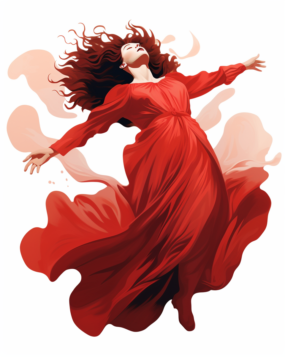 Kate Bush in red dress floating