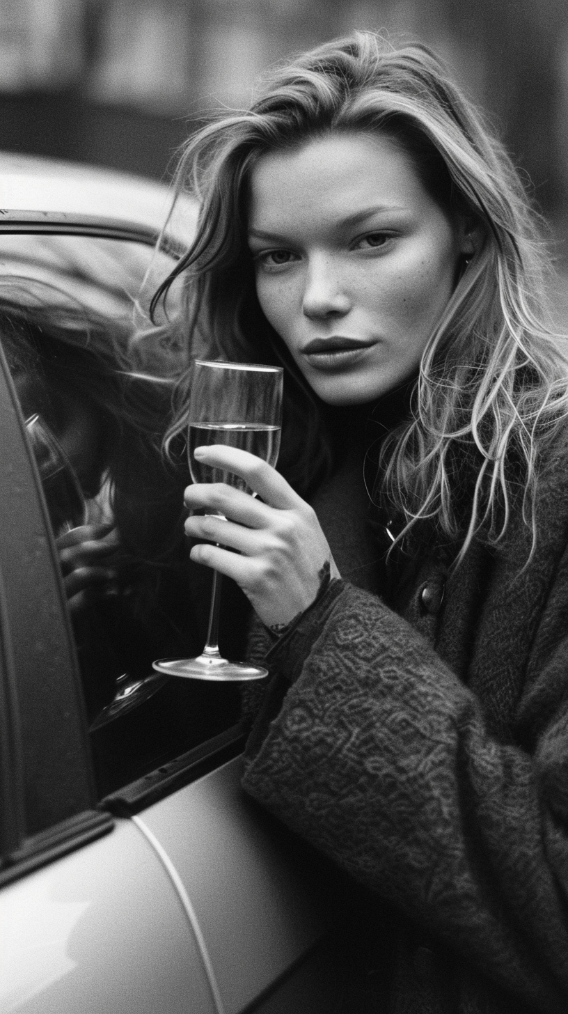 Young Kate Moss with champagne and silver BMW