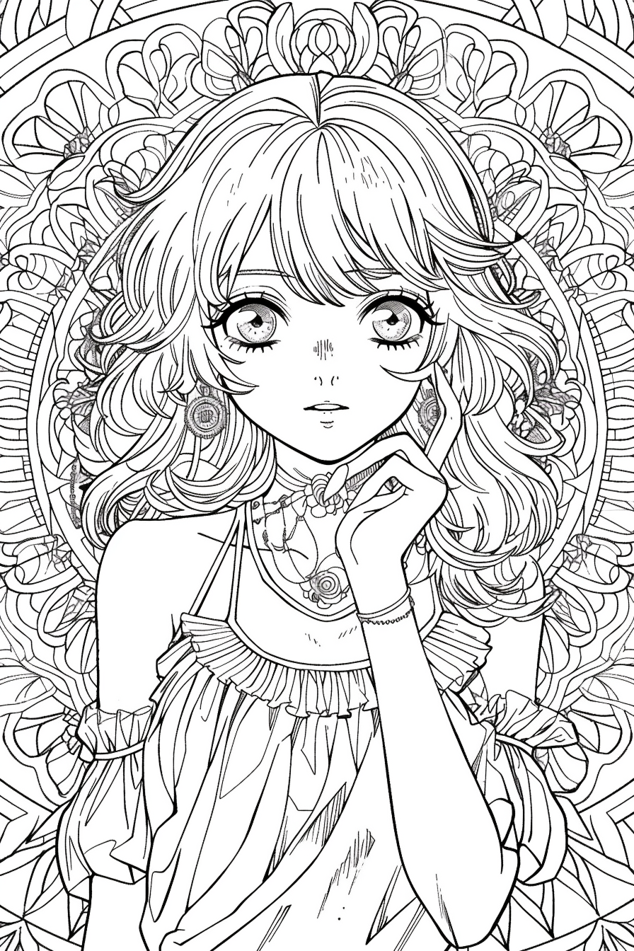 Kawaii anime woman coloring page