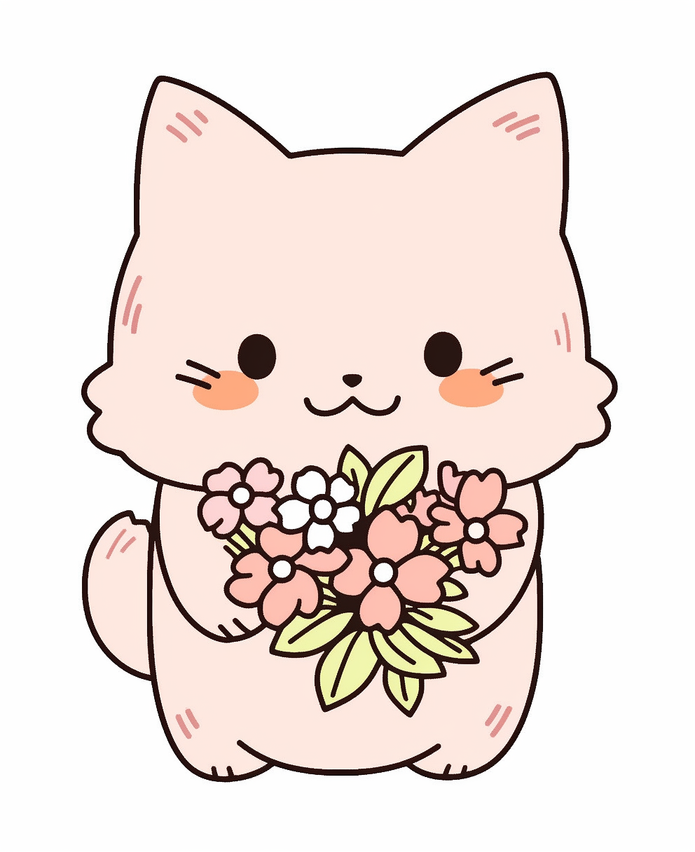 Cute Kawaii Cat with Flowers