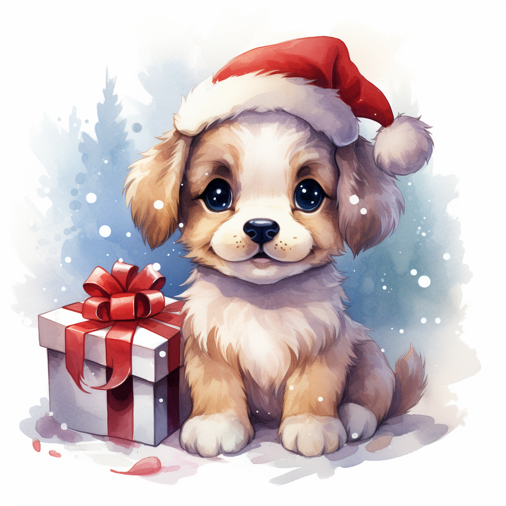 Adorable Christmas Puppy in Watercolor Style