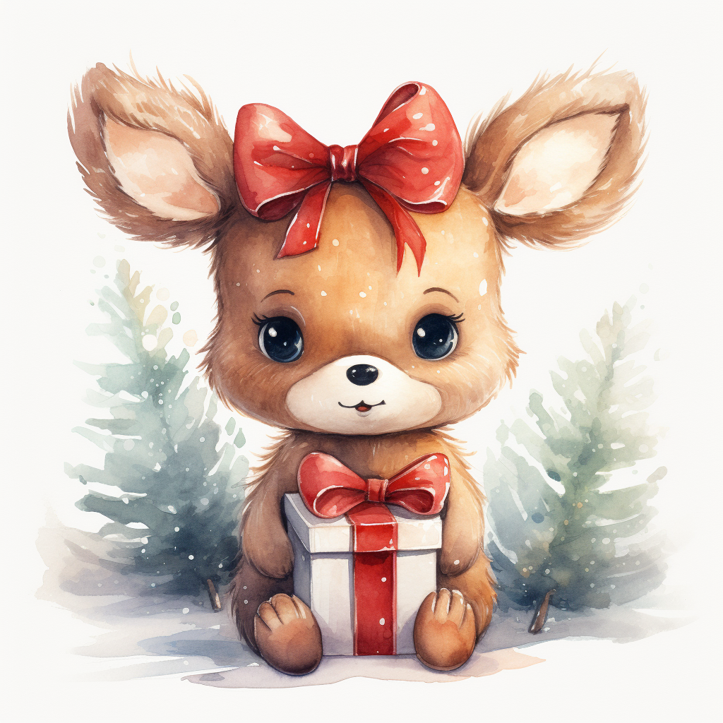 Adorable Christmas reindeer with gifts in watercolor