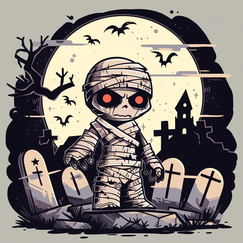 Cute kawaii mummy in graveyard