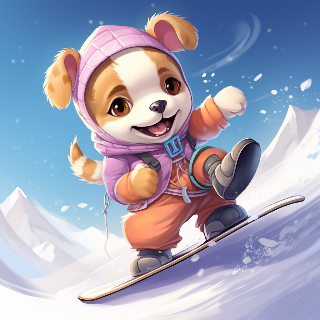 Adorable Kawaii Style Dog Snowboarding