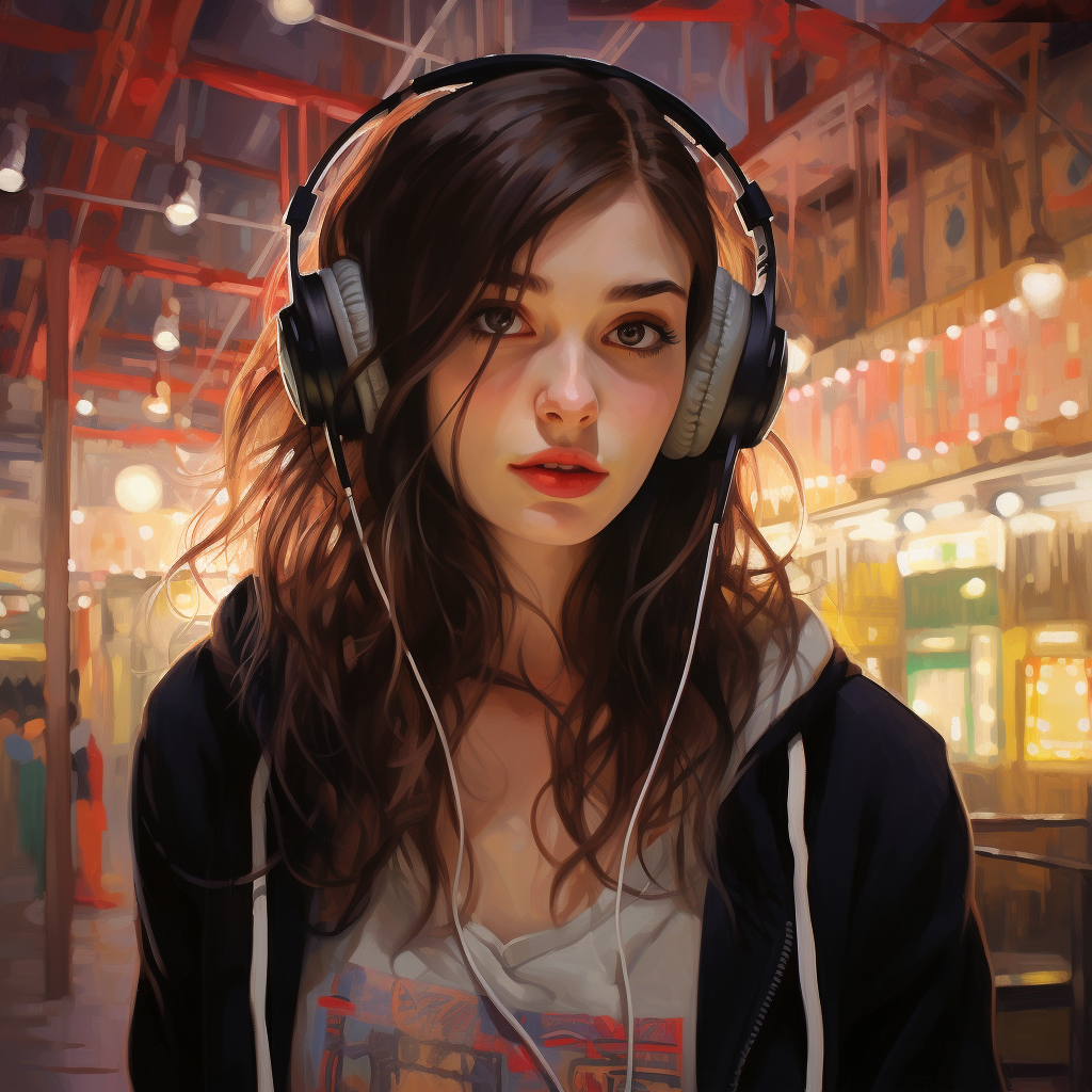 14-year-old girl with striking green eyes and headphones