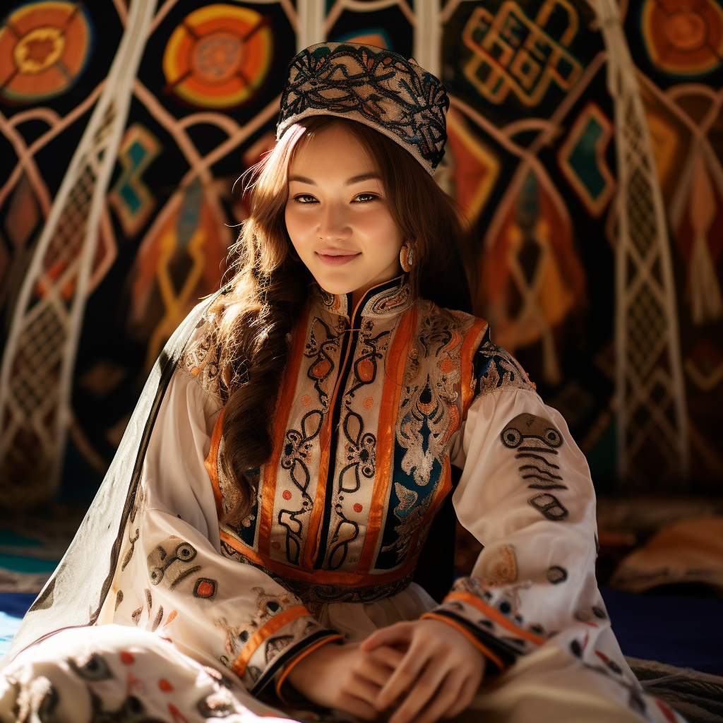 Kazakh girl playing dombra in yurt