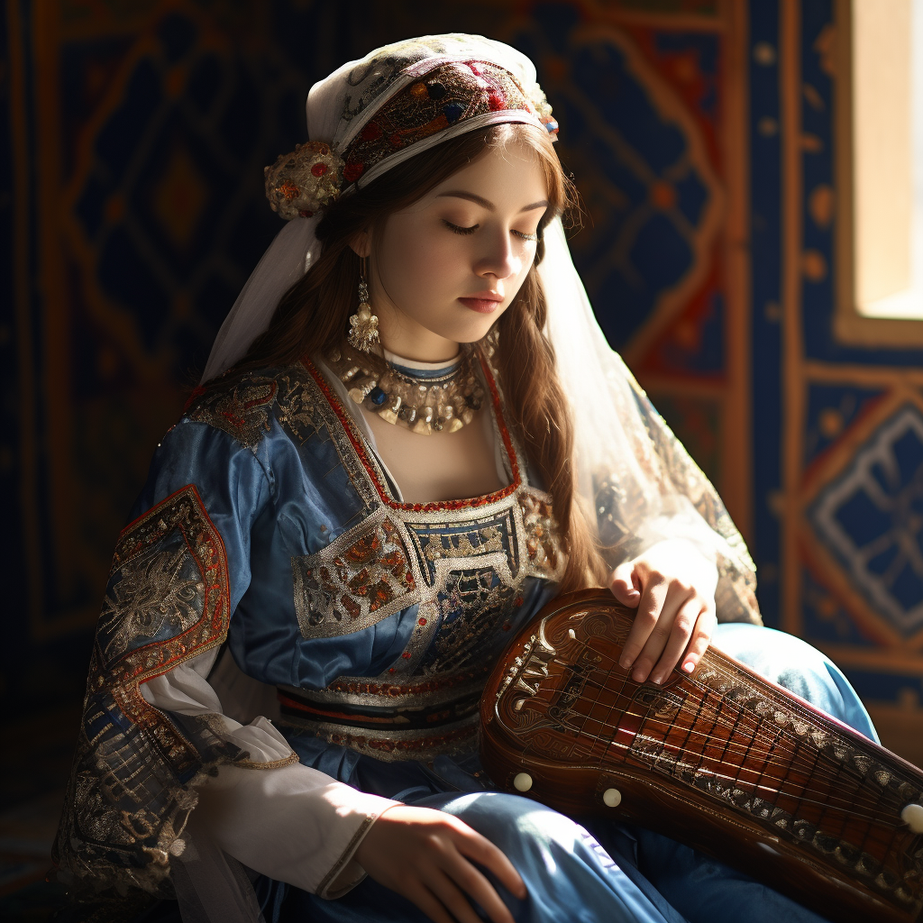 Kazakh girl playing national musical instrument in costume