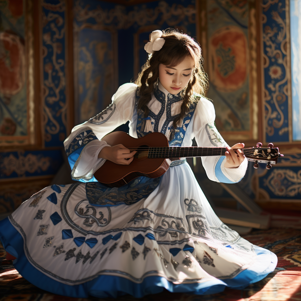 Girl playing dombra in Kazakh yurt