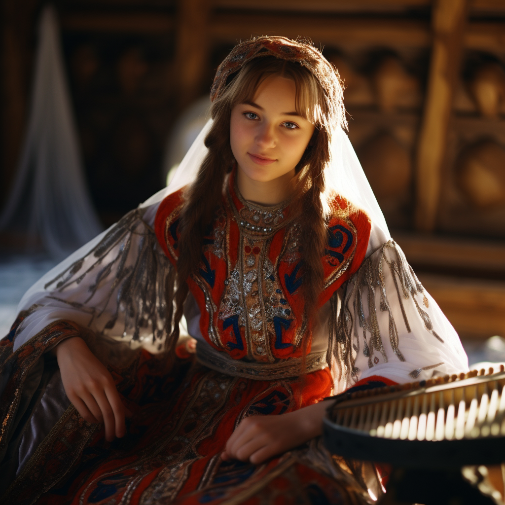 Kazakh girl playing dombra in yurt