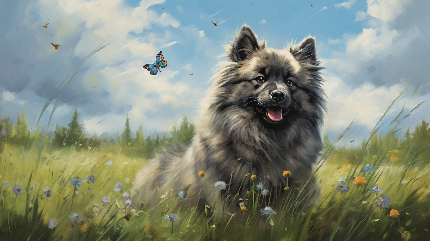 Keeshond playing with butterfly in grass on a blue skies day