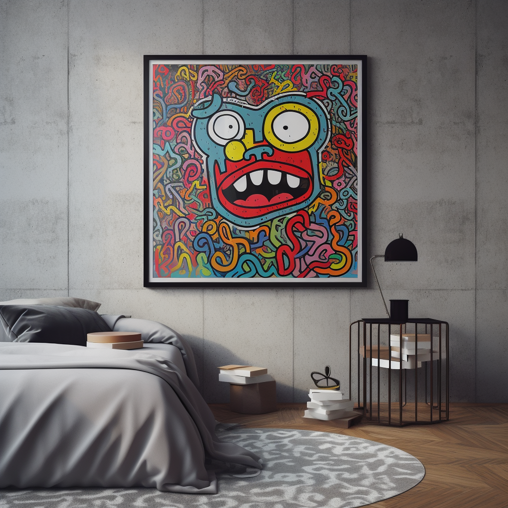 Inspiring painting on grey wall by Keith Haring and Ryū Murakami