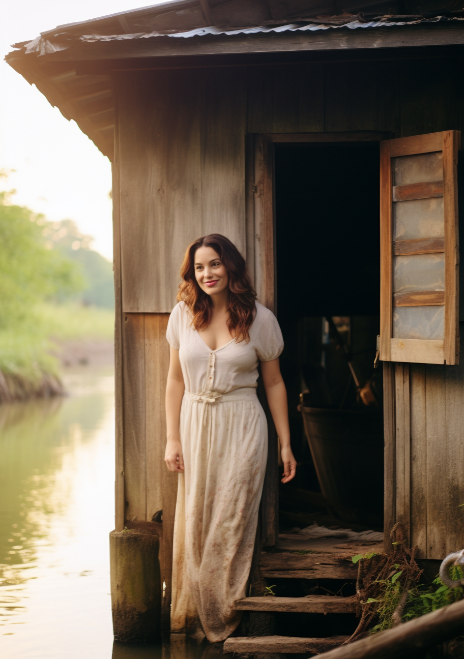 Kelly Brook in wooden shack by the river