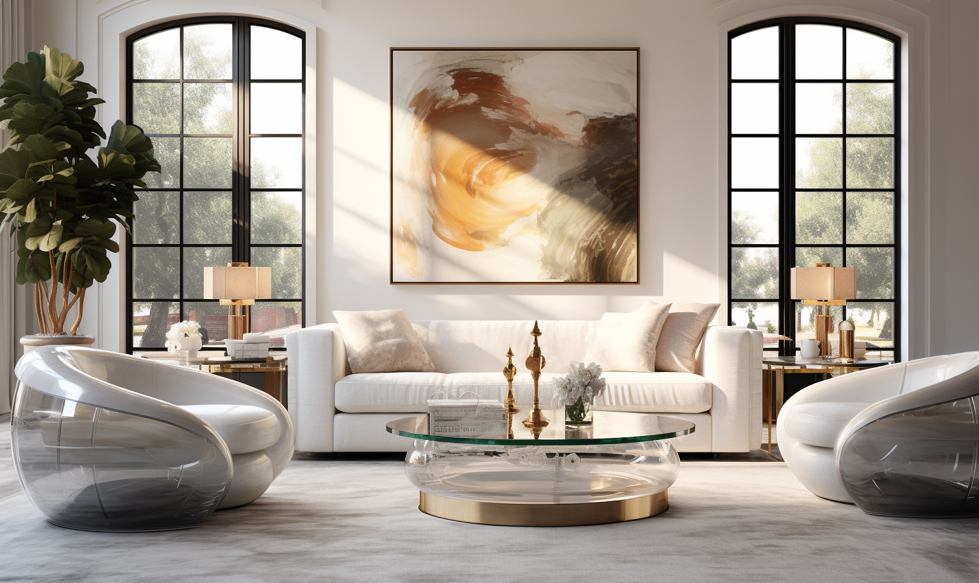 Stylish living room with glass coffee table, acrylic chair, and glass vase