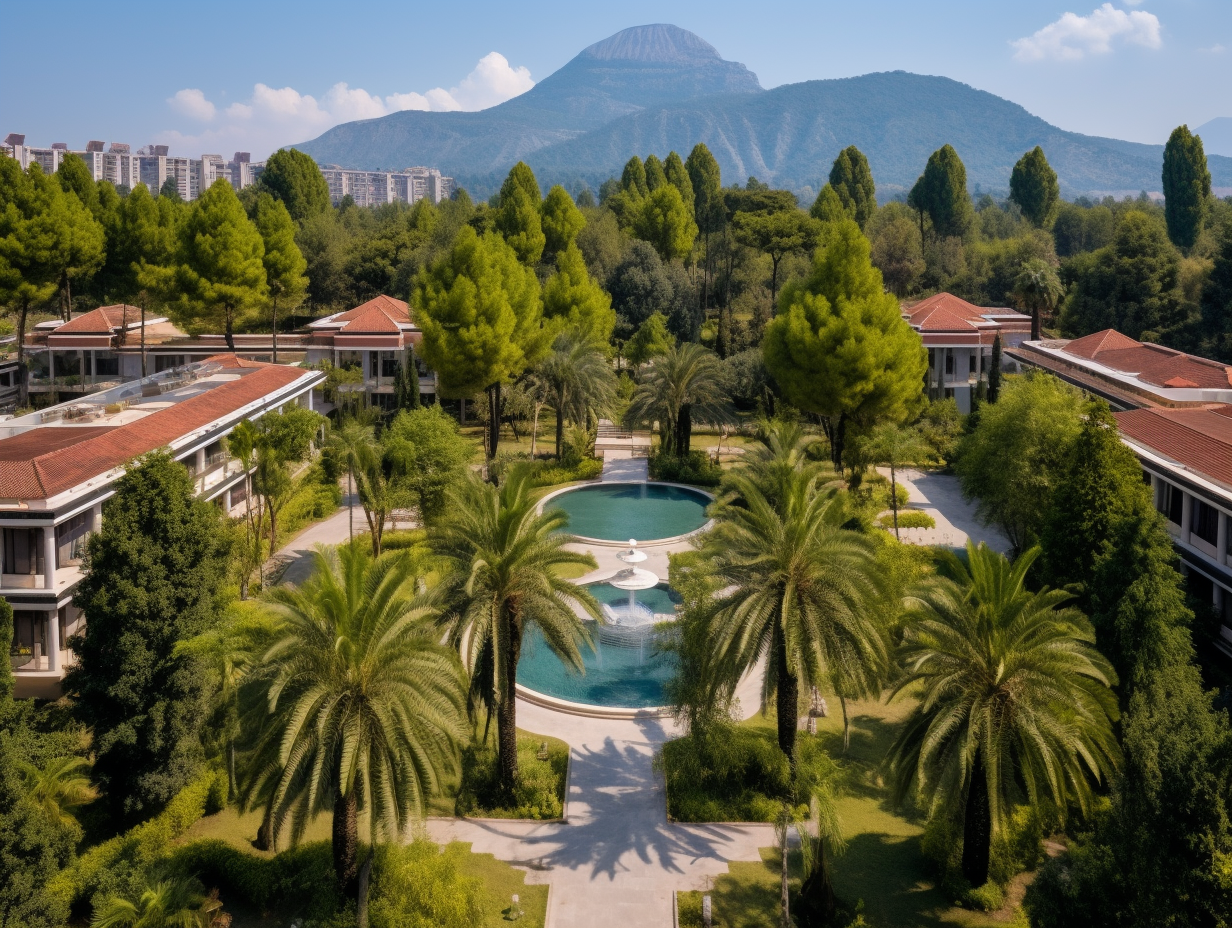 Aerial view of Mediterranean resort hotel