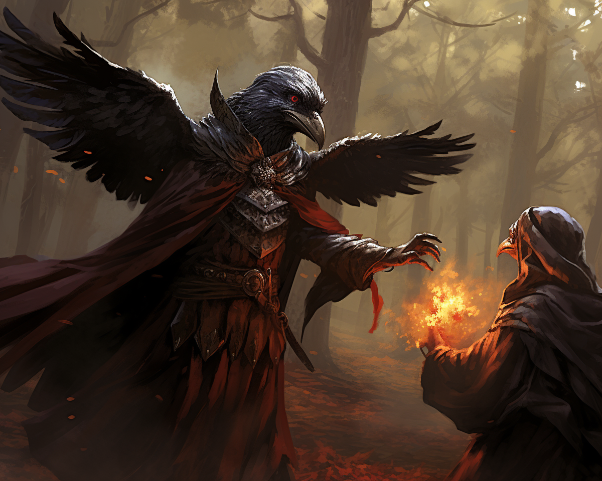 Kenku monk fighting orc in dark forest