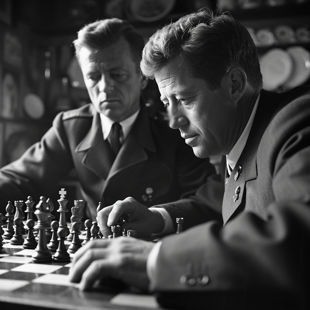 Black and white photograph of Kennedy playing chess with Stalin