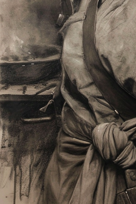 Kenyan woman with short braids wielding a hammer in the medieval blacksmith shop