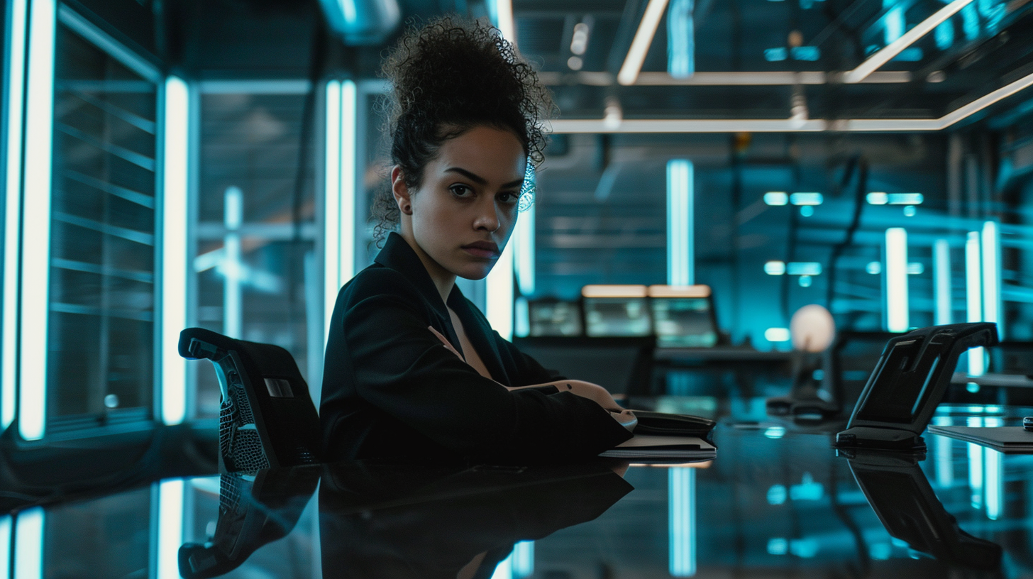 Kenzie Dalton in intense sci-fi conference room