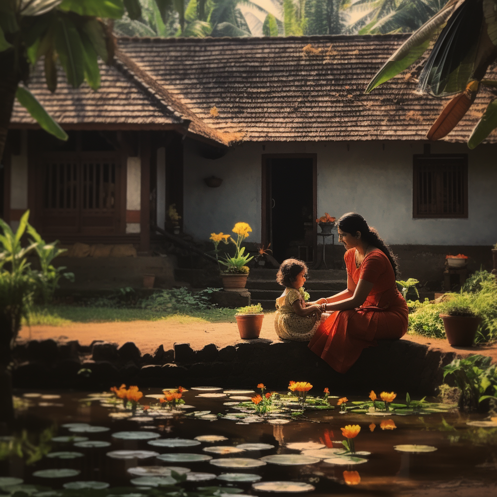 Kerala traditional home with mom and child playing