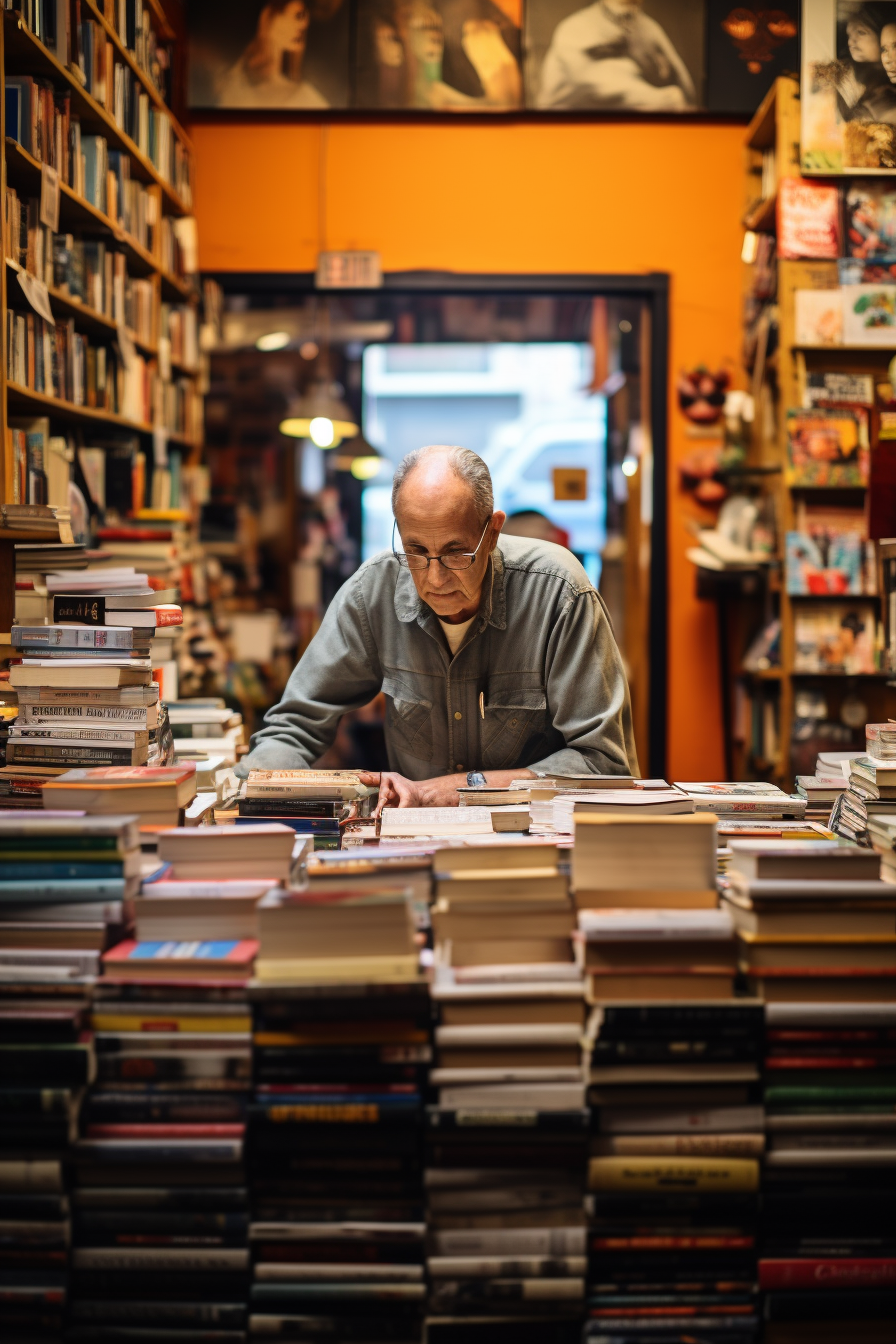 Bookstore owner sorting books at Kestrel Books Vancouver