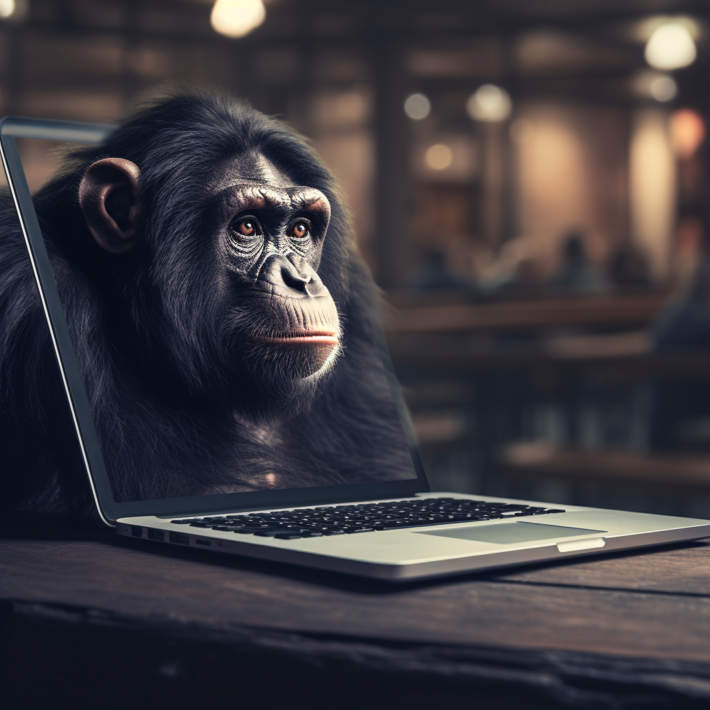 Photorealistic chimpanzee with keynote on MacBook