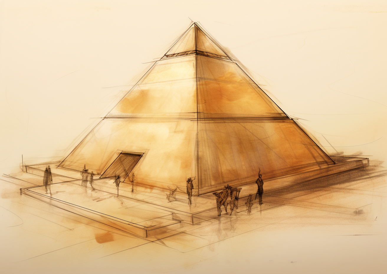 Kheops Pyramid archeologist sketch in Louvre style