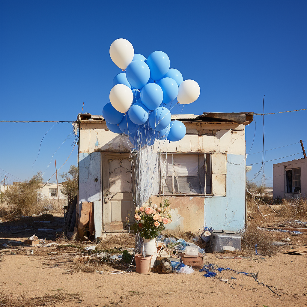 Colorful kibbutz houses surrounded by flowers and balloons