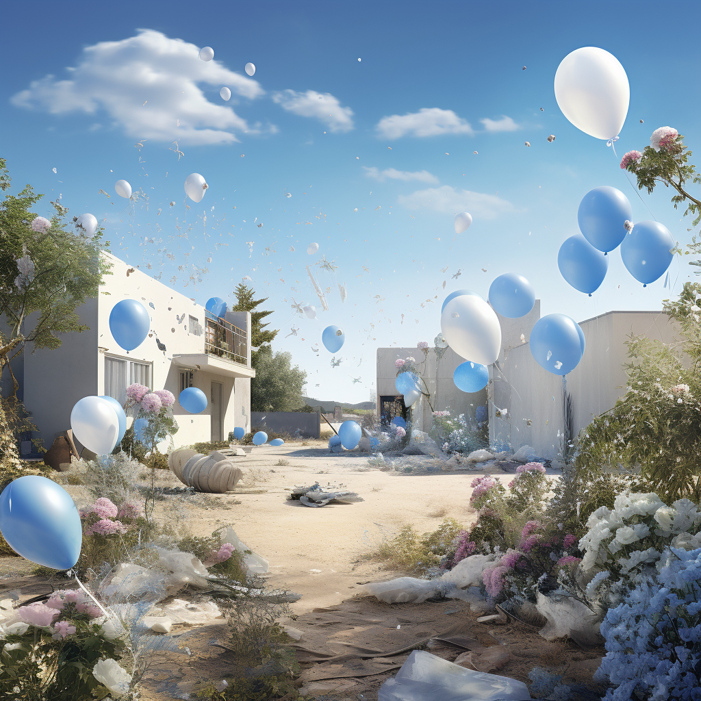 Scenic kibbutz with flowers and balloons