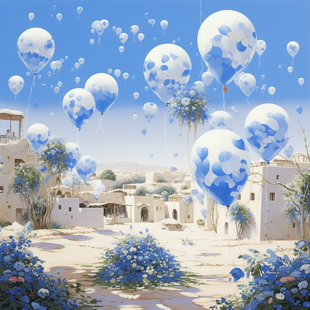 Picturesque kibbutz with flowers and balloons