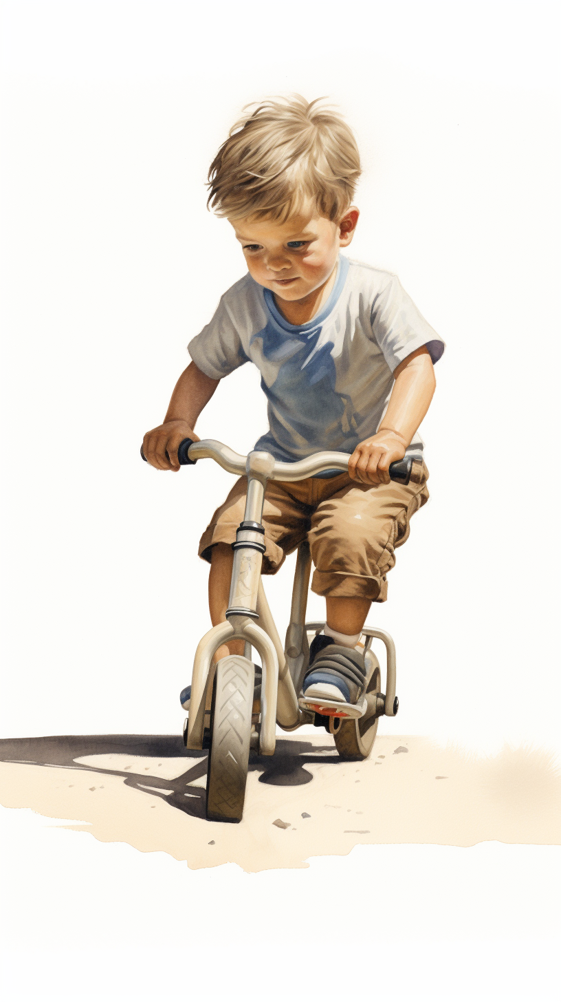 Kid climbing tricycle in outdoor sunlight