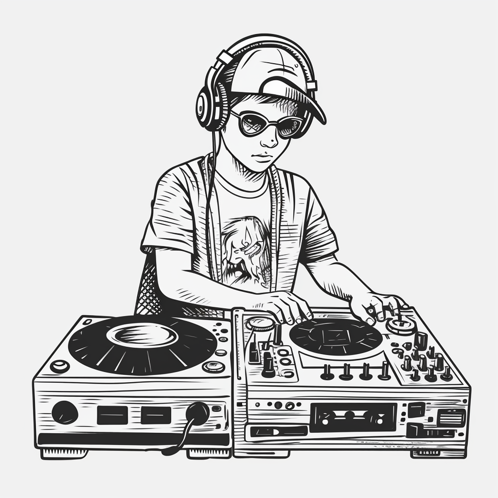 Black and white outline of a kid deejaying