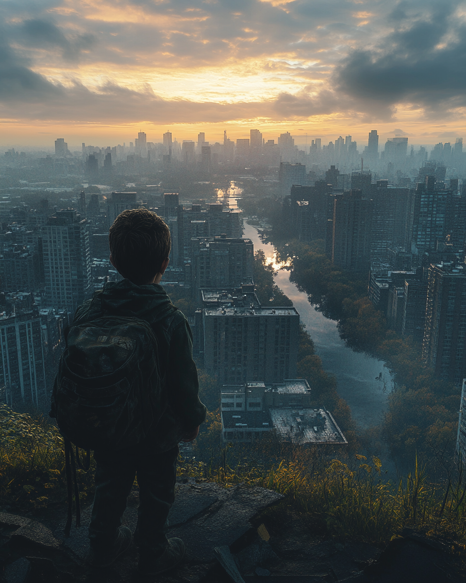 kid gazes at fading cityscape through camera lens.