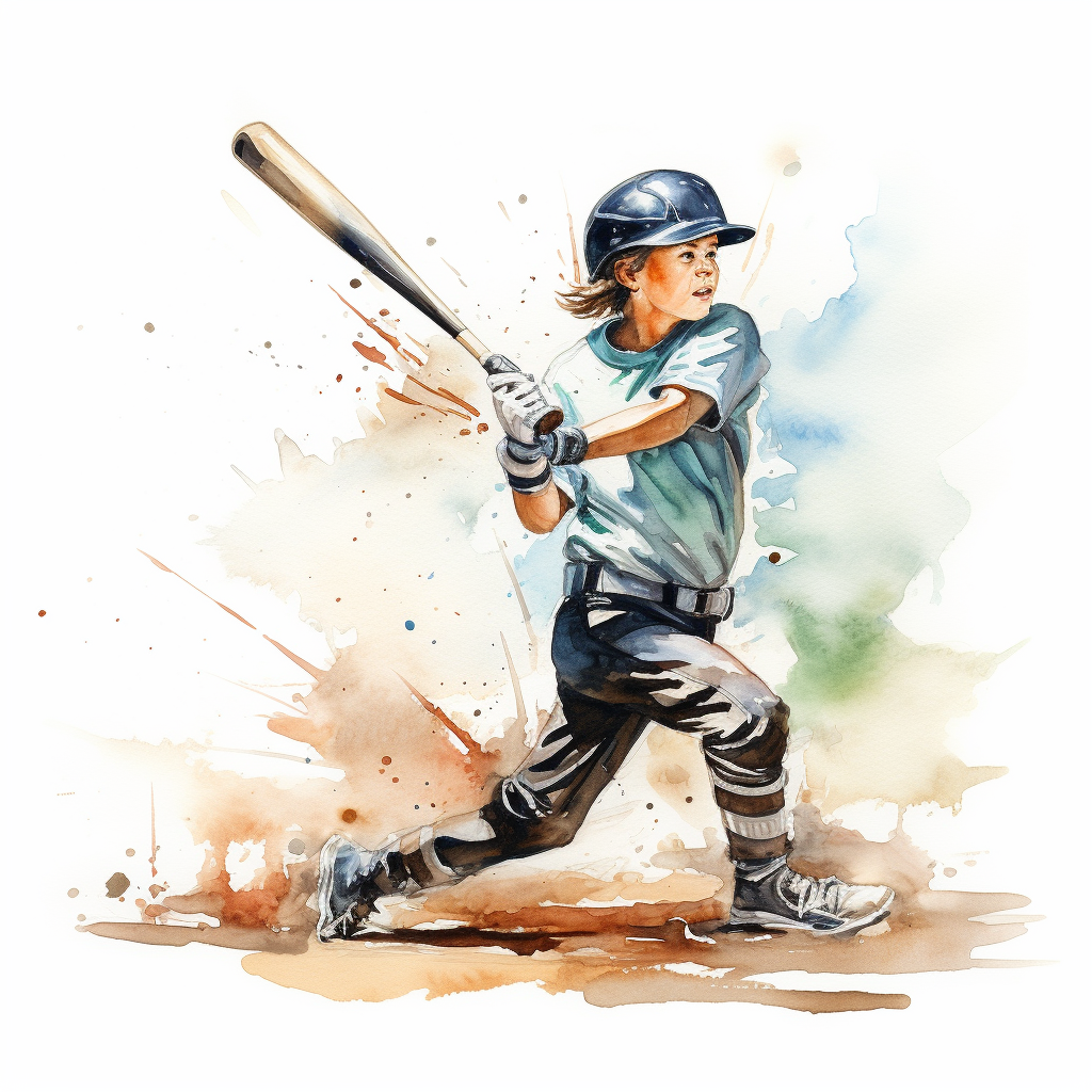 Kid hitting baseball with watercolor style