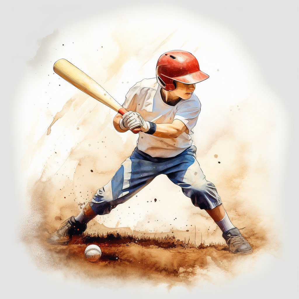 Kid hitting baseball in watercolor style