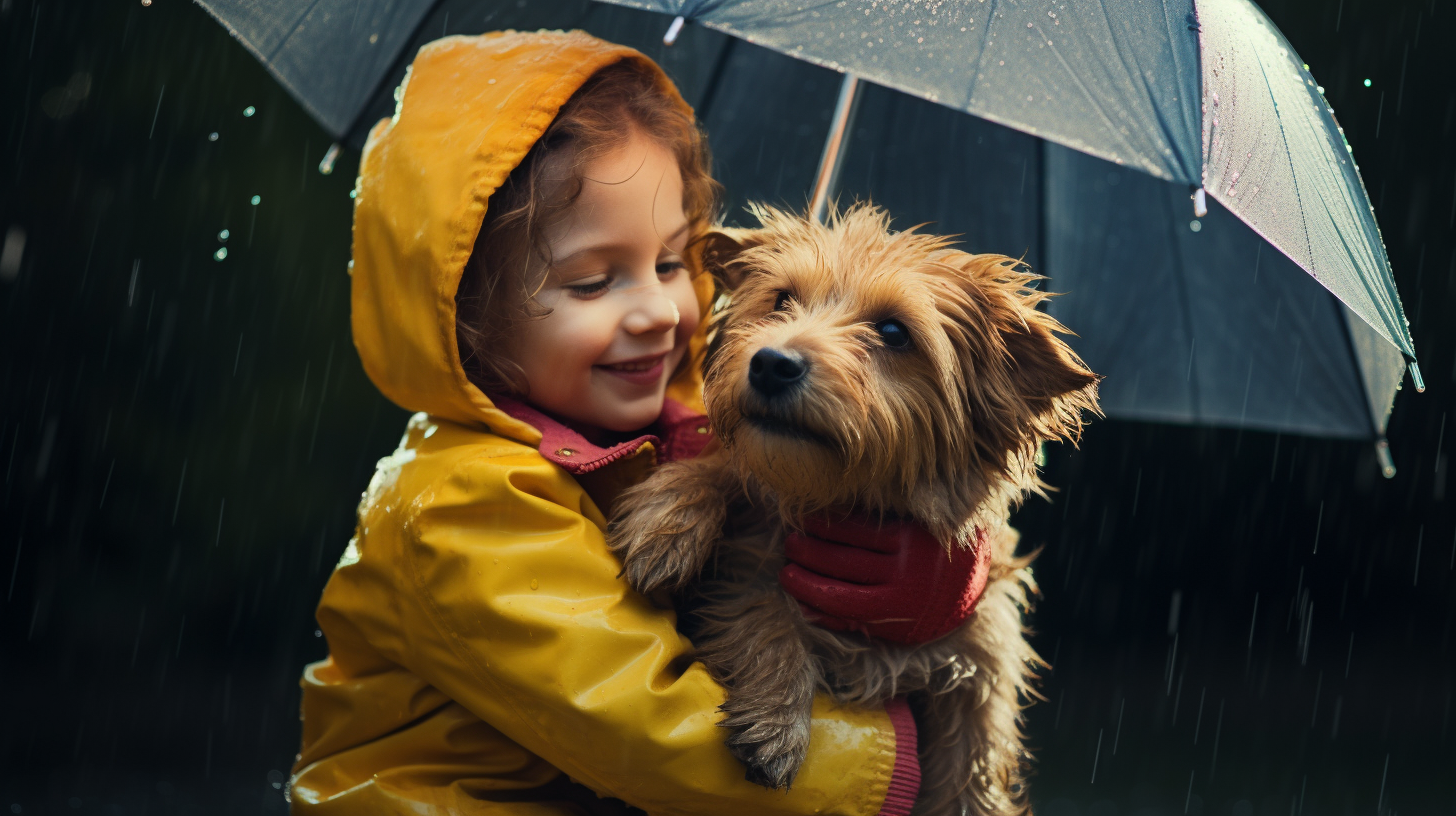 Kid protecting cute dog with umbrella