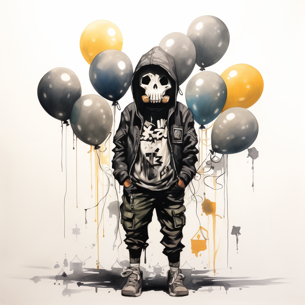 Kid with Hoodie and Gas Mask Holding Balloons