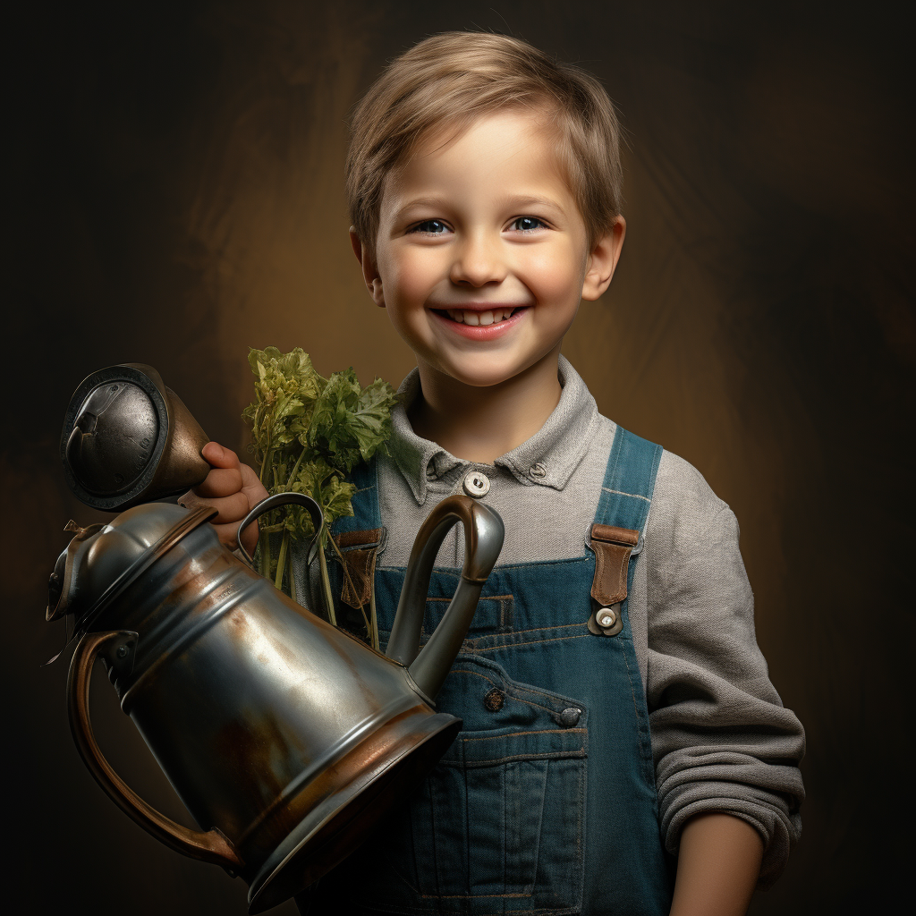 Smiling kid with kinetic arm holding watering can