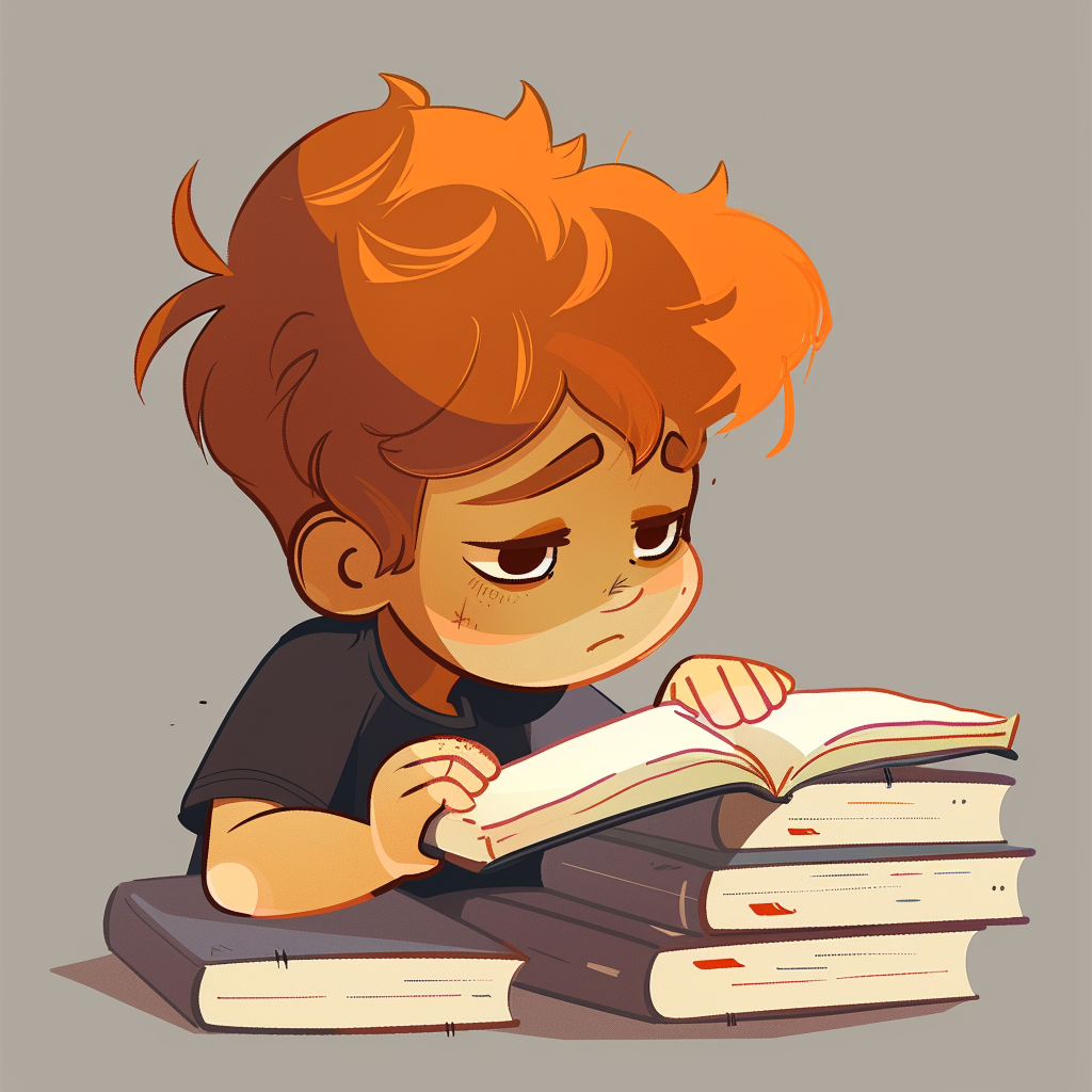 Kid with orange brown hair reading books