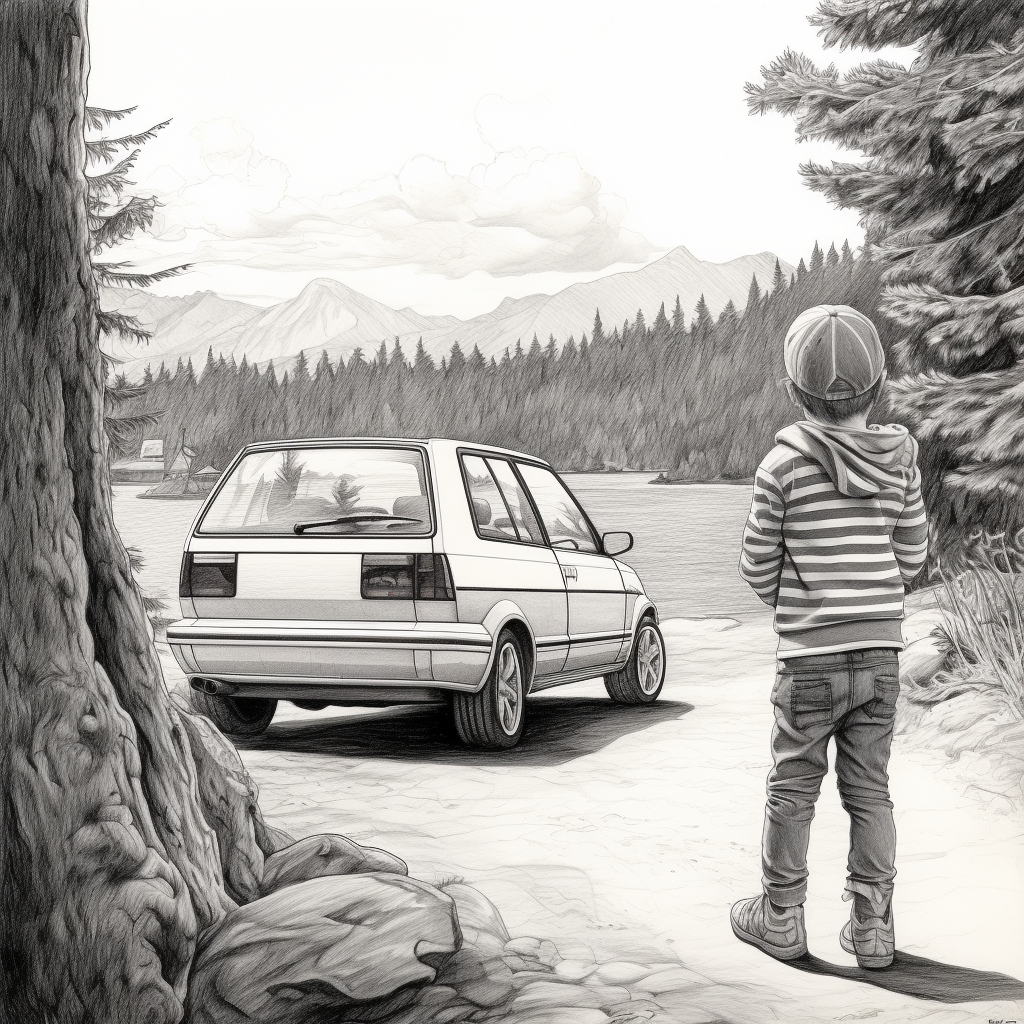 Sketch of kid admiring MK4 GTI in PNW