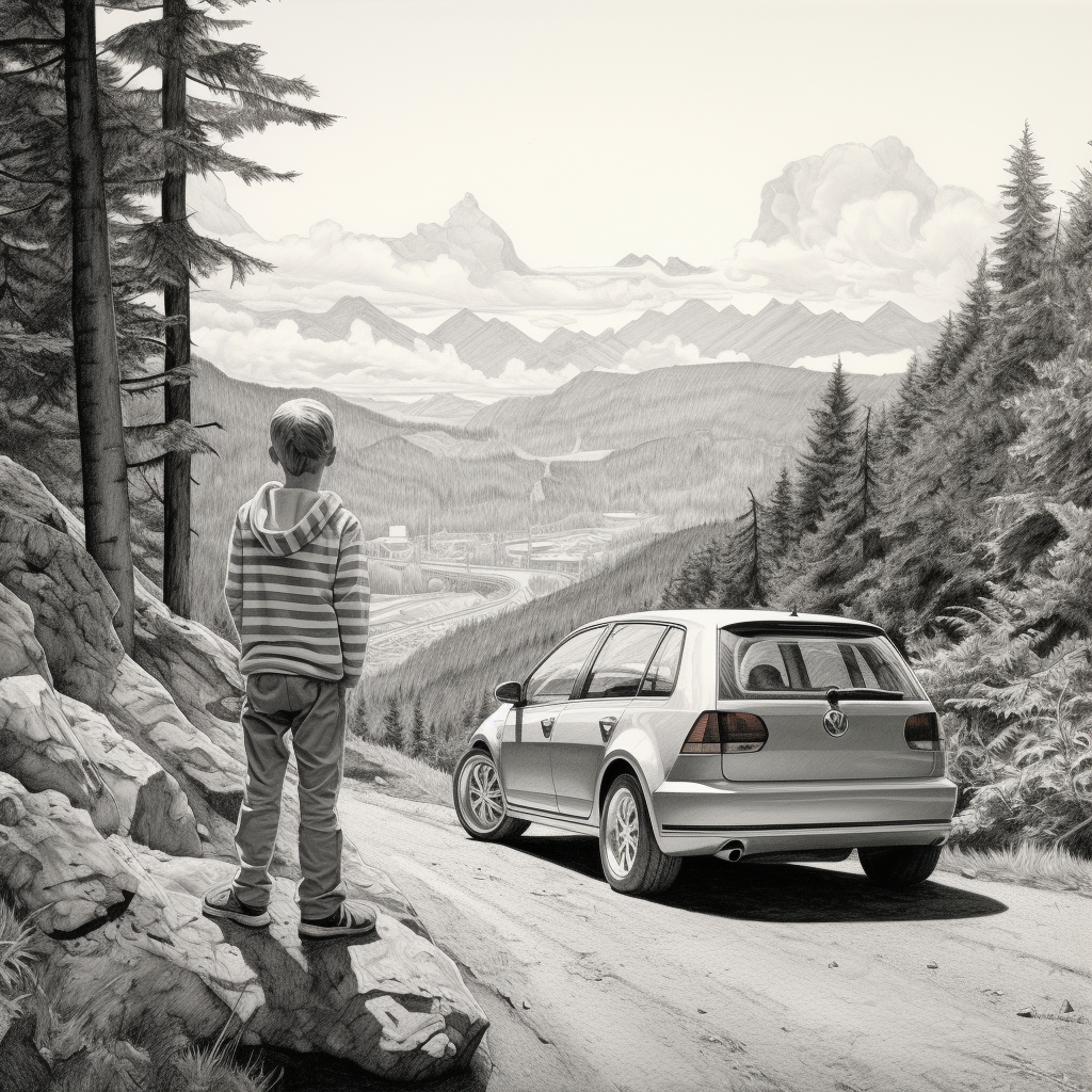 Kid looking at Volkswagen R32 in PNW