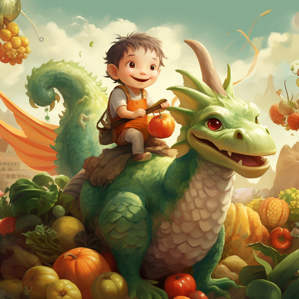 Kid Riding Chinese Dragon Vegetables Spring Illustration