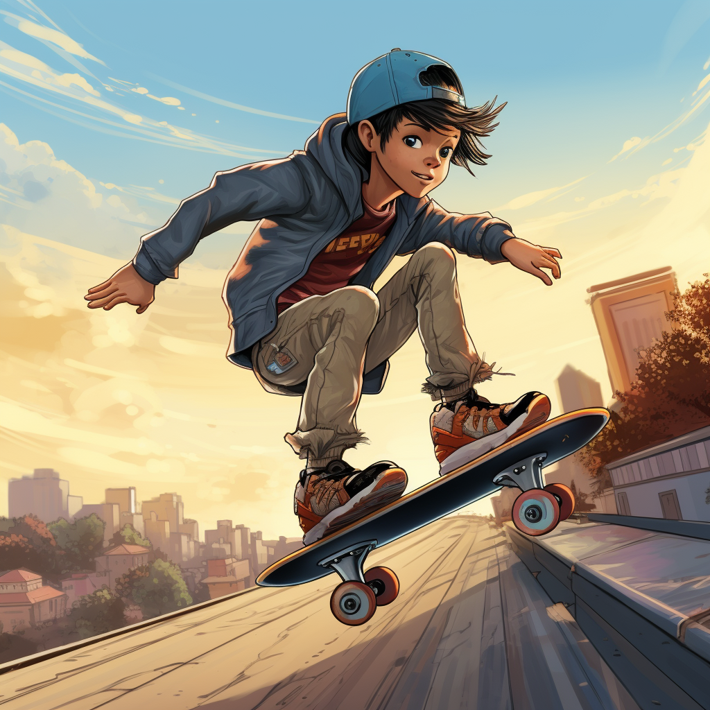 Cartoon kid on skateboard taking risk