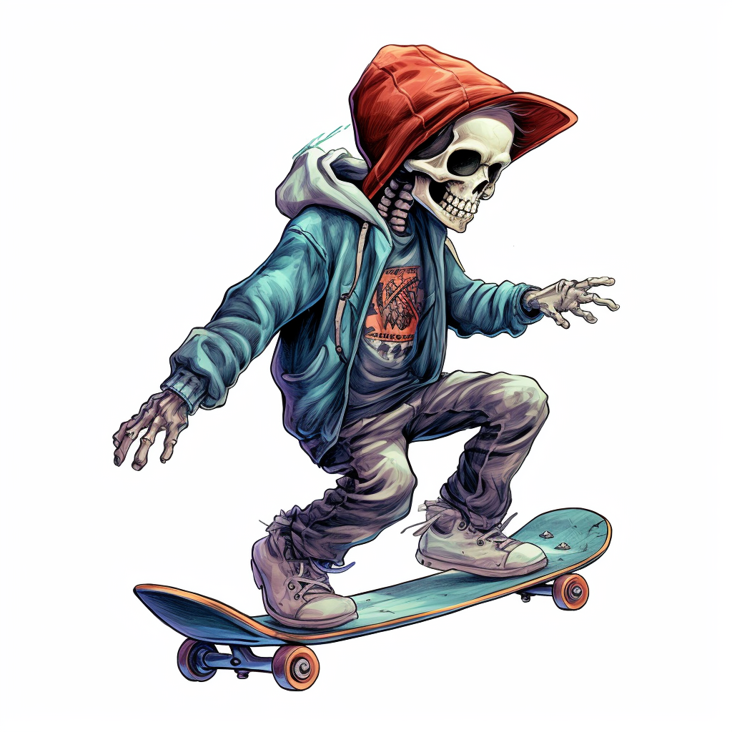 Colorful kid wearing skeleton mask performing skateboard tricks