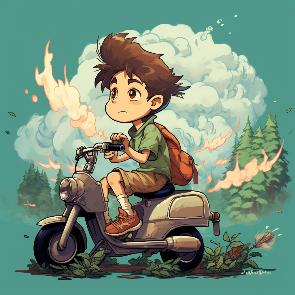 Kid smoking cigarette on moped Ghibli style