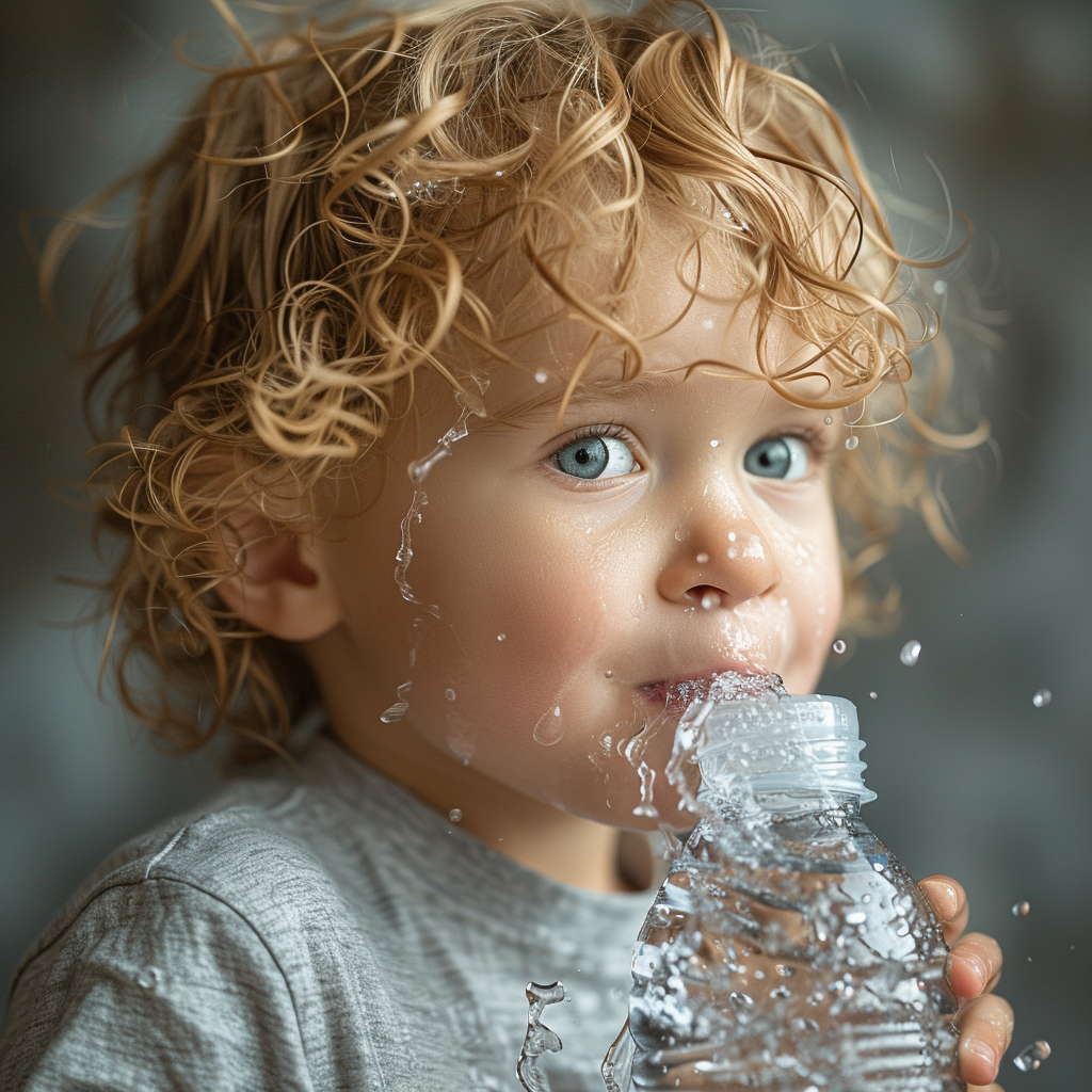 Kid spitting water from glass bottle