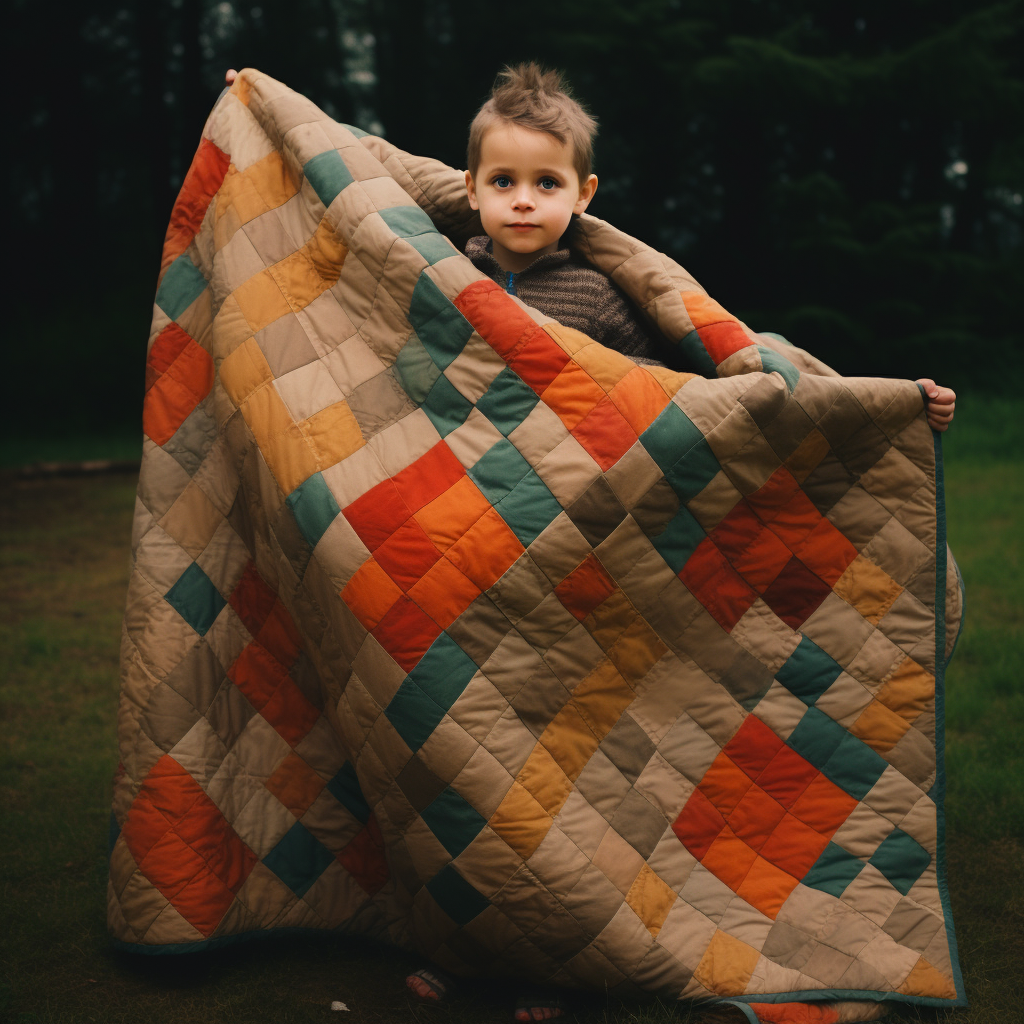 Child camping with a large quilt