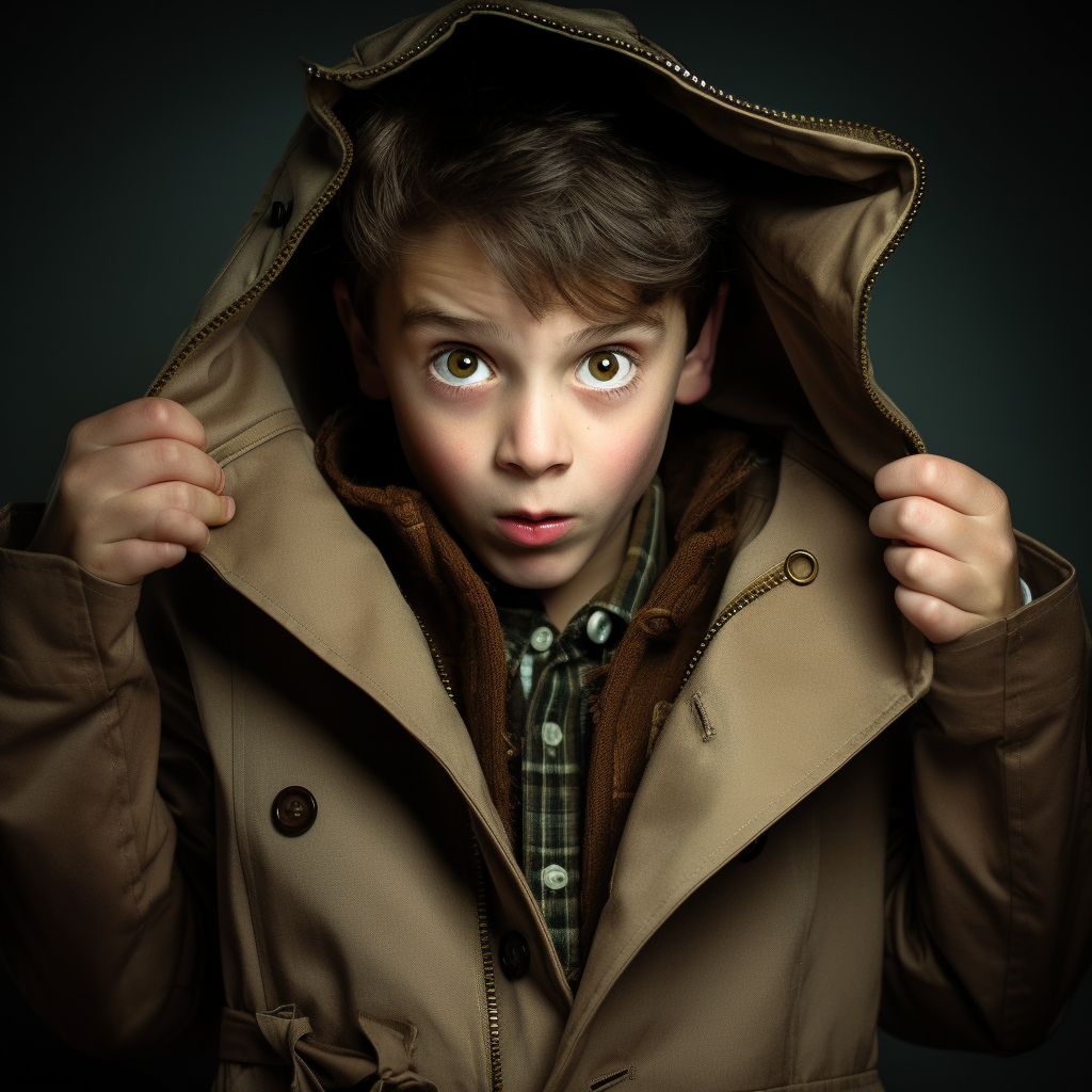 10-year-old kid revealing coat contents