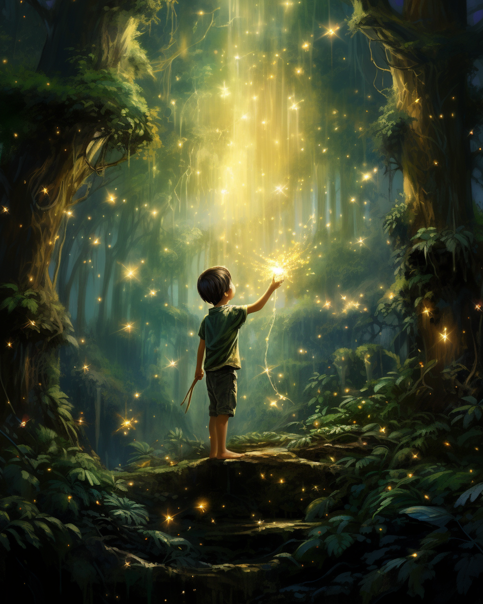 Kid Reaching Star in Colorful Fantasy Realism